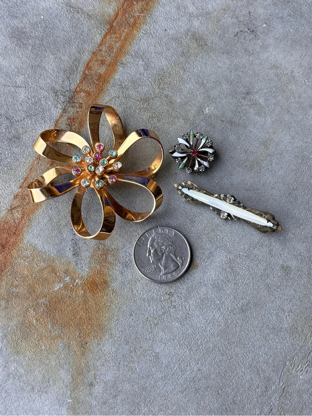 Vintage Brooch Trio Signed Coro Rhinestone Bow Pin Enamel Flower White Inlay Bar